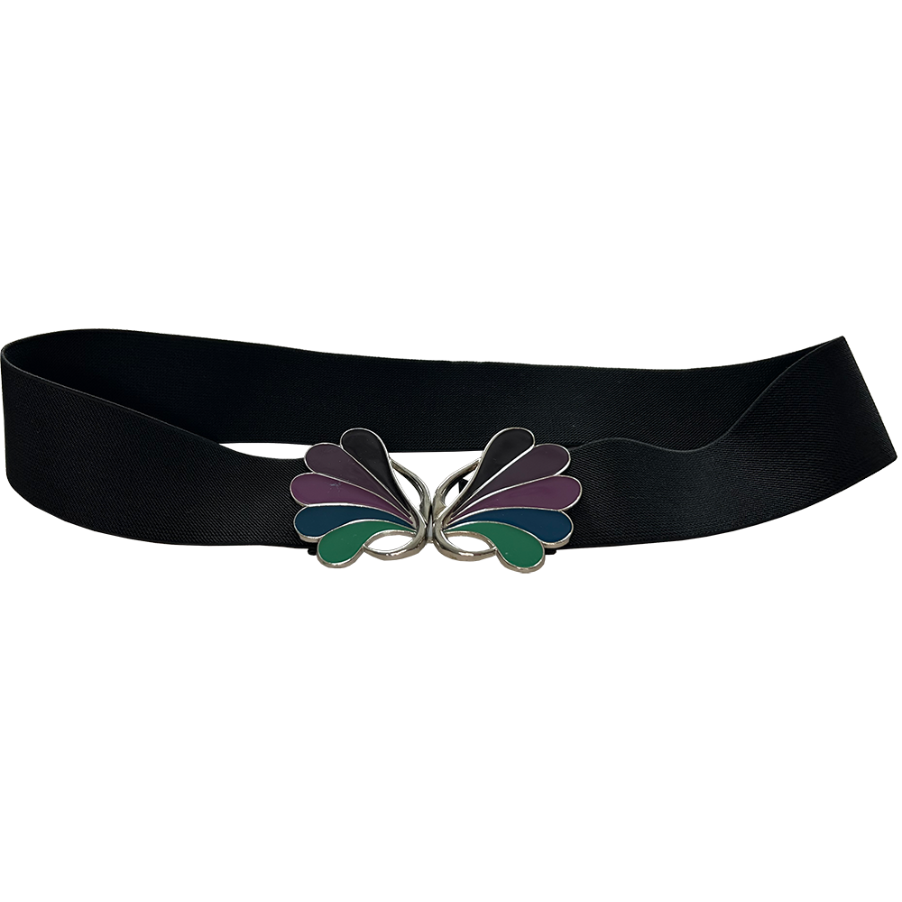 Ladies black elasticated belt with painted buckle