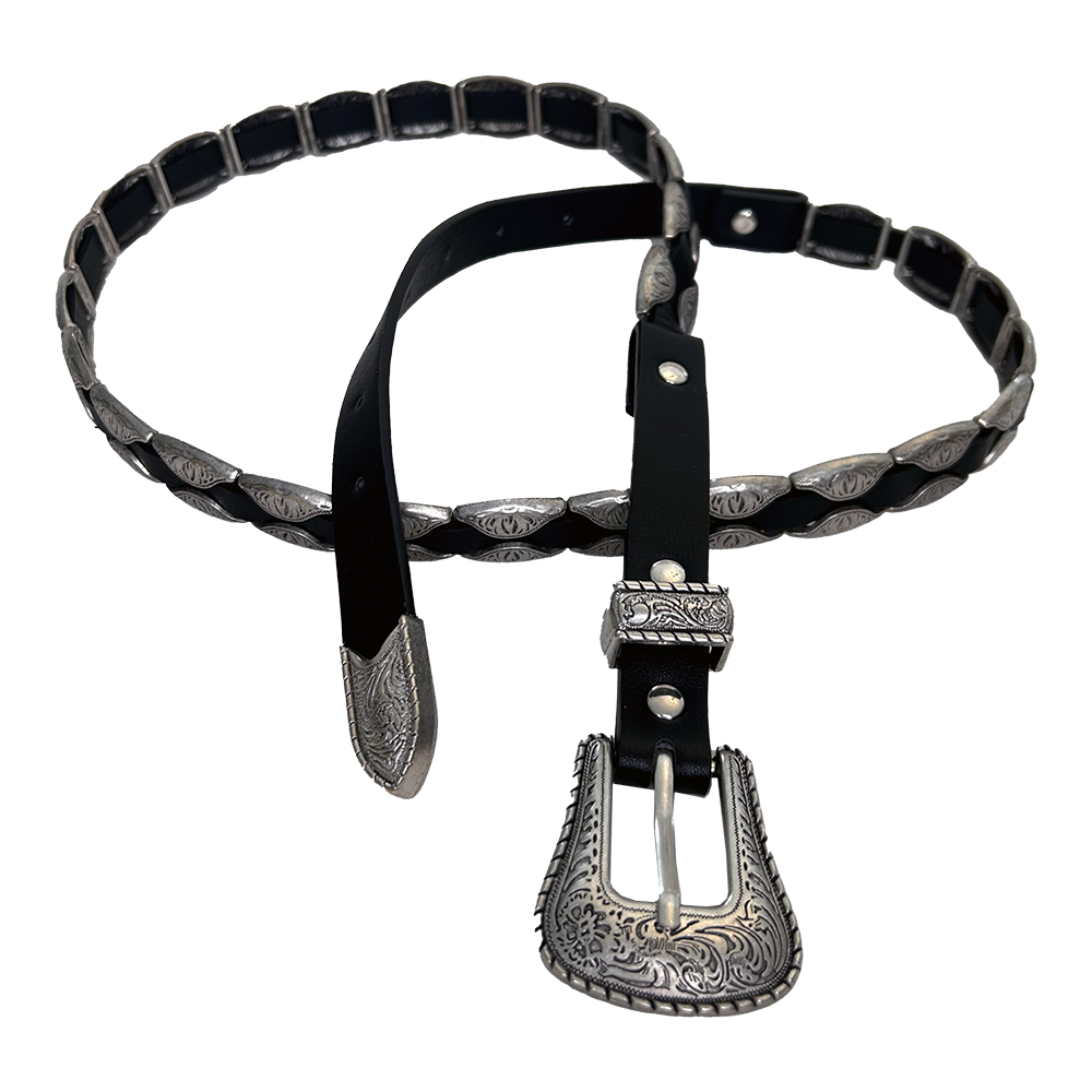 Ladies black PU belt with silver coloured detailing