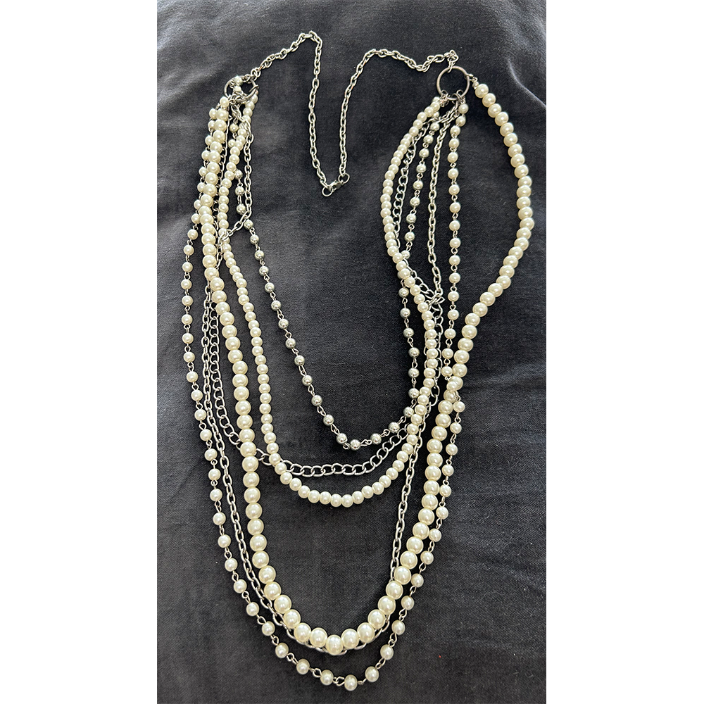 Retro silver and pearl bead multi chain necklace