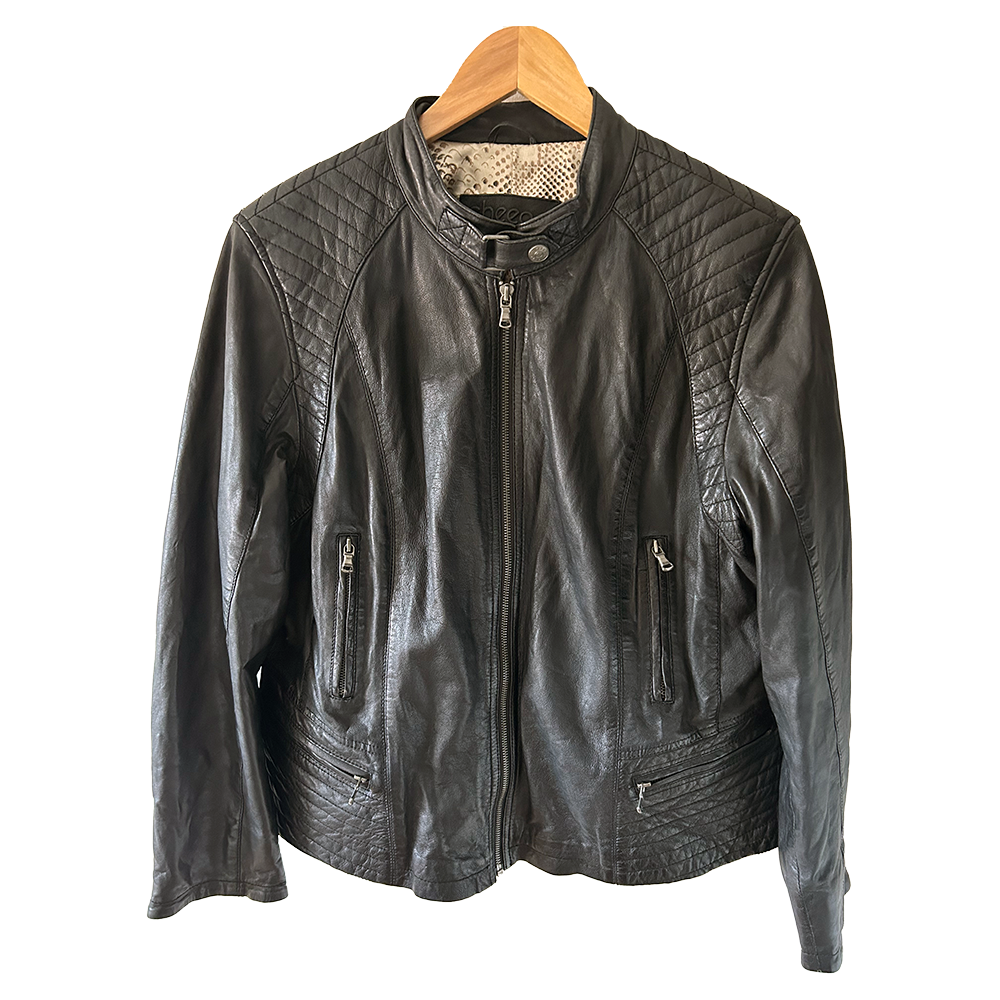 Ladies retro biker style black leather jacket