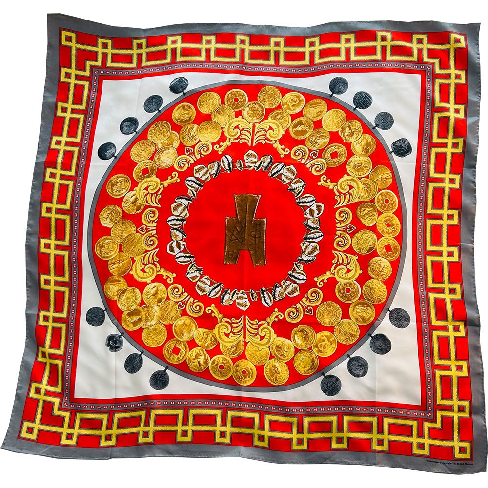 Large vintage Silky scarf feat. Roman coins and artifacts