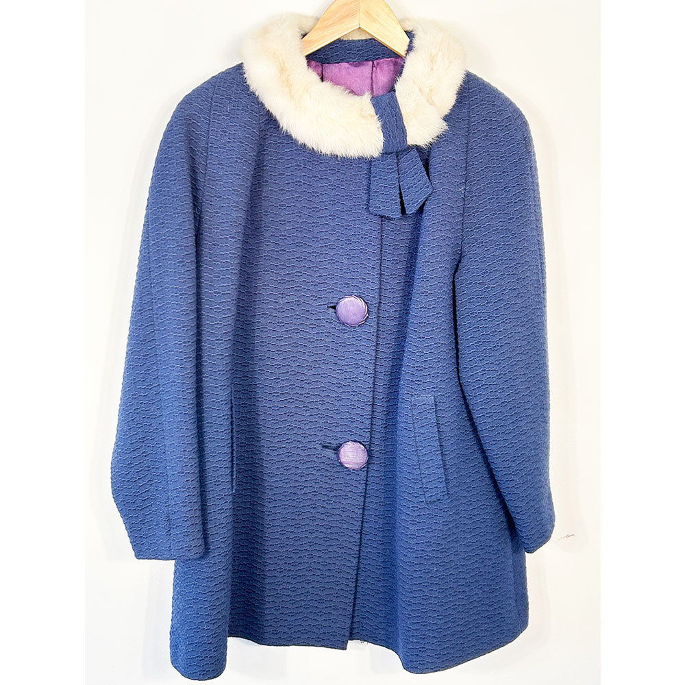 Vintage blue wool swing coat with fur collar