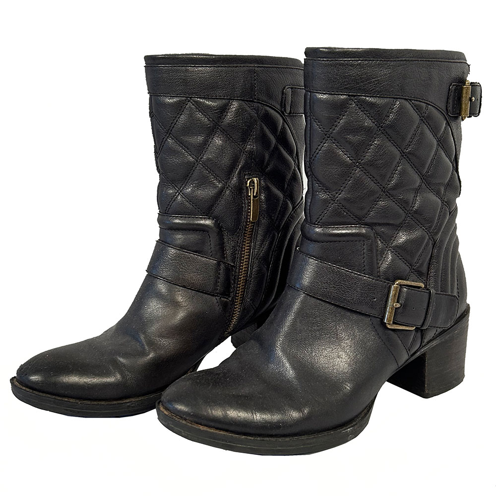 Black leather biker style ankle boot