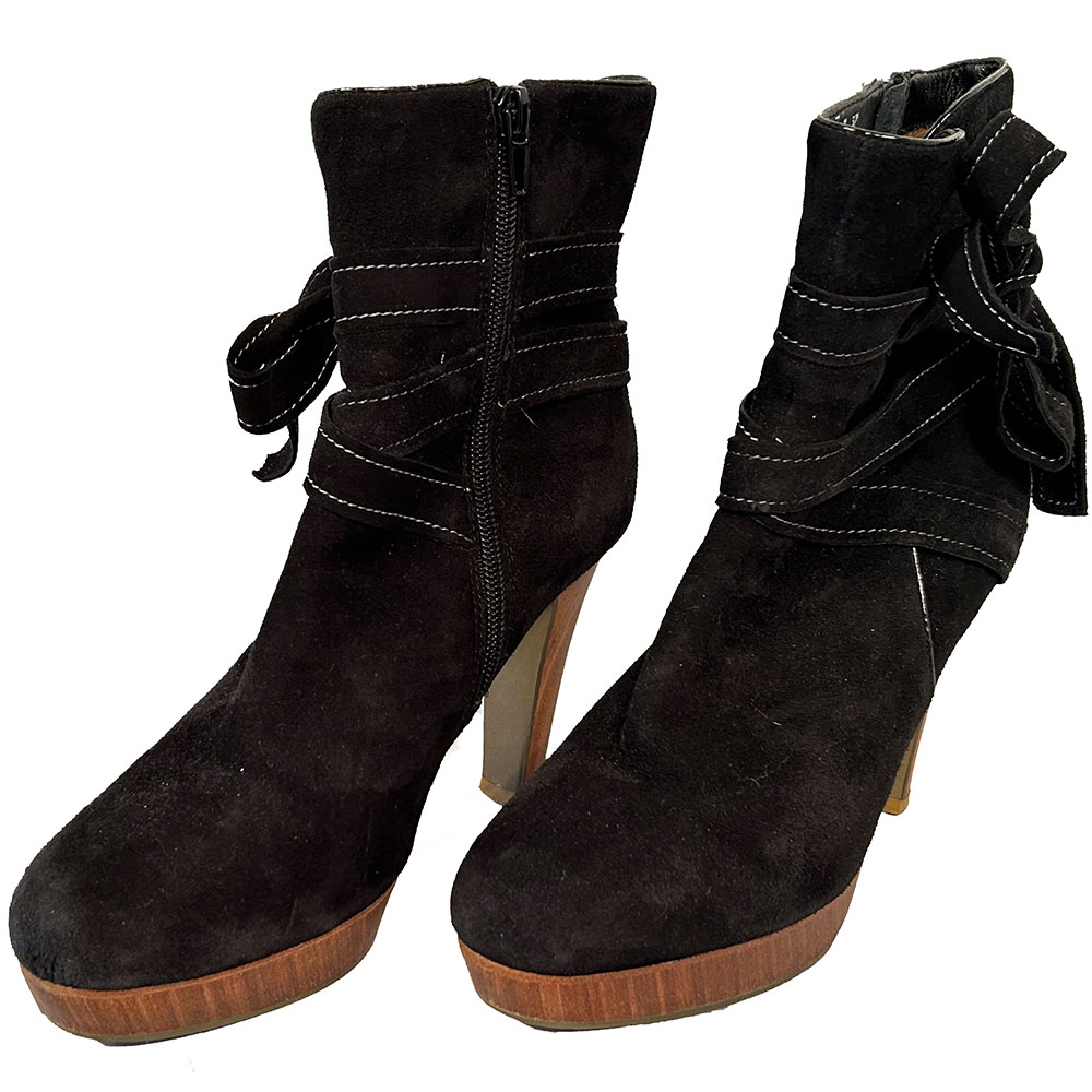 Black suede wooden heeled ankle boots