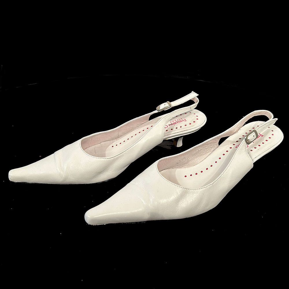 White leather pointy kitten heel slingback shoes