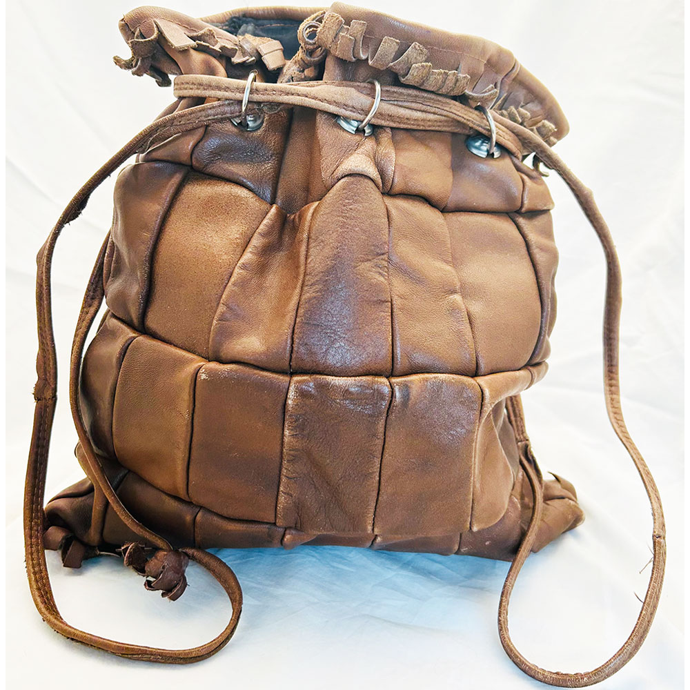 Vintage brown leather patchwork drawstring bag