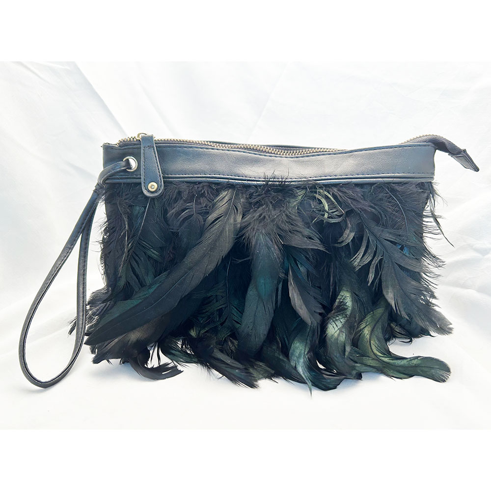 Black faux leather and feather handbag
