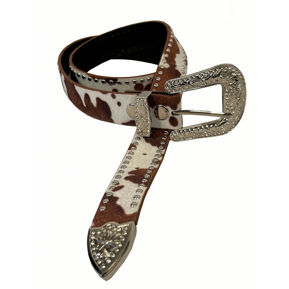 Faux leather cow print studded belt