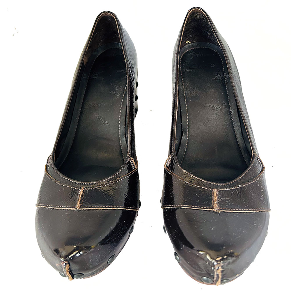 Vintage brown patent leather Clarks wedge shoes
